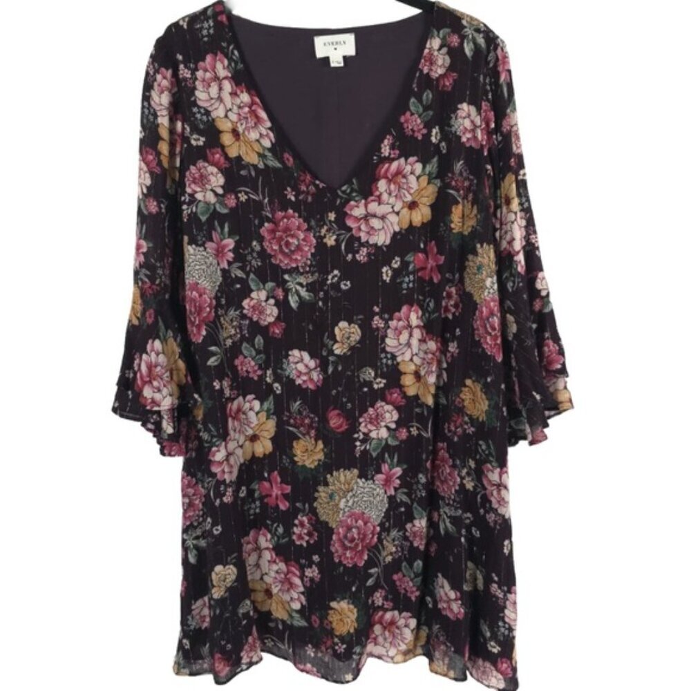EVERLY Plum Purple Hippie Boho Floral Gold Metallic Mini Tunic Dress/Top SMALL